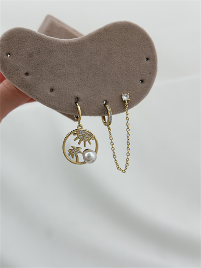 Özel Seri Zirkon Taşlı İncili Yaz Temalı Üçlü Set Küpe