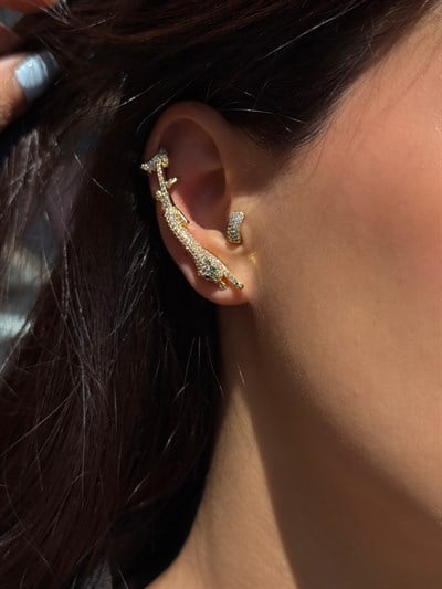 Özel Seri Zirkon Taşlı Kaplan Figür Tasarım Kıkırdak Küpe