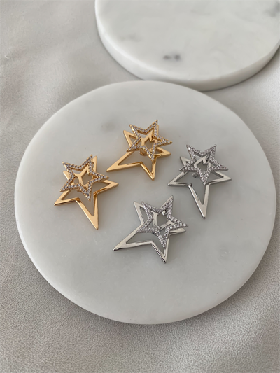 Özel Seri Zirkon Taşlı Plaka İkili Yıldız Küpe