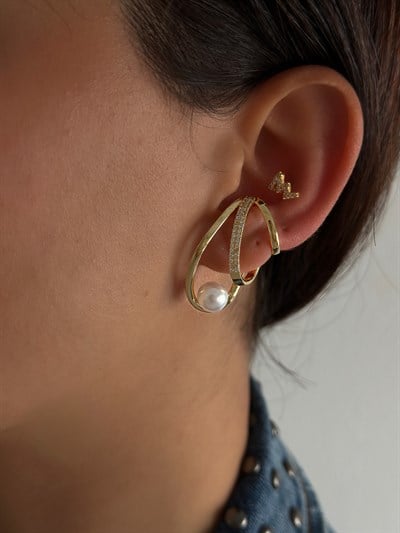 Özel Seri Zirkon Taşlı ve İncili Çoklu Görünüm Kıkırdak Küpe ( Sol Kulak Uyumludur.)