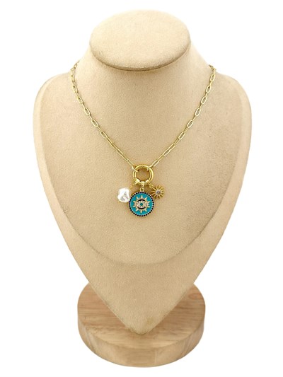 Özel Seri Zirkon Taşlı ve Mineli Göz Figür Tasarım Charm Kolye ( 48 Cm )