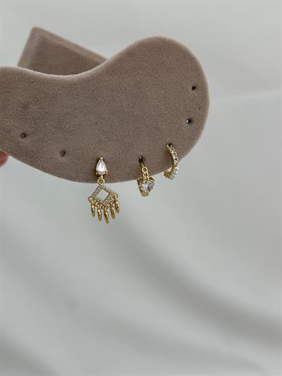 Özel Seri Zirkon Taşlı ve Mini İncili Üçlü Set Küpe