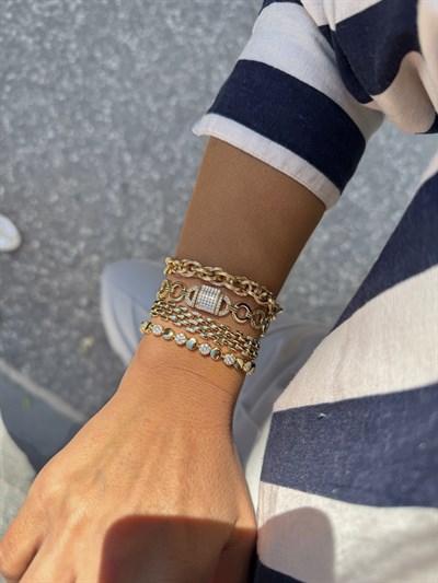 Özel Seri Zirkon Taşlı ve Plaka Daire Detay Zirkon Taş Kilit Kapama Tasarım Bileklik Kombini