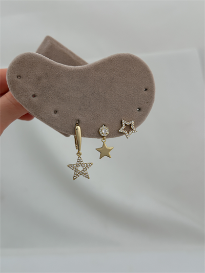 Özel Seri Zirkon Taşlı ve Plakalı Üçlü Yıldız Set Küpe