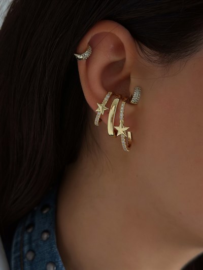 Özel Seri Zirkon Taşlı Yıldız Plaka Detay Çoklu Görünüm Kıkırdak Küpe ( Sağ Kulak Uyumludur. )