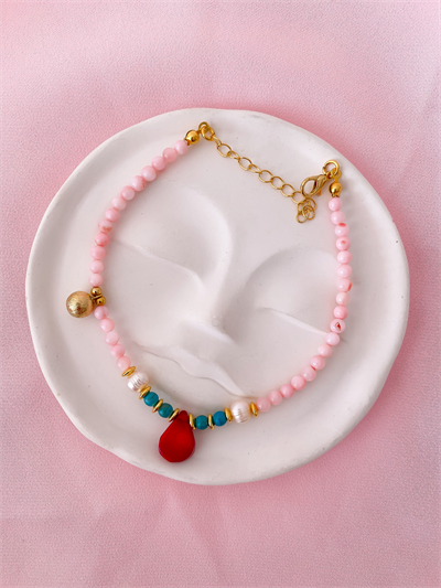 Pembe Boncuk Mercan Uç Detay Halhal (25cm)