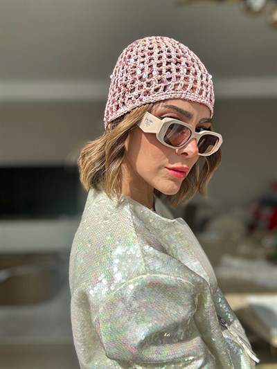 Pembe Pullu Örme File Kep Şapka