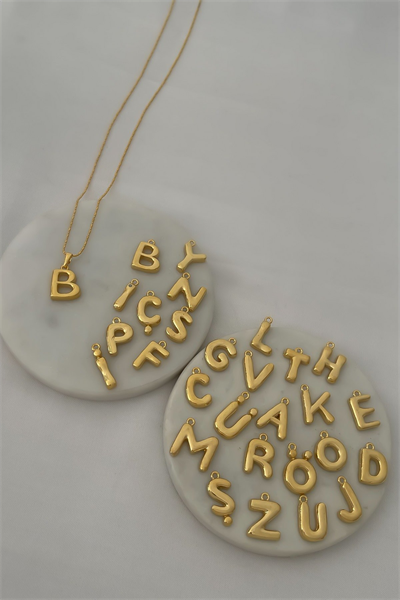 Pirinç Üzeri Altın Kaplama Gold İnce Zincir Balon Harf Kolye (60 Cm)