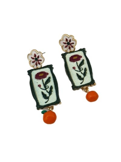 Portakal Sallantılı Çiçek Motifli Vintage Marka Küpe