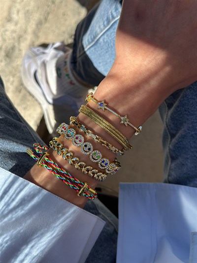 Renk Geçişli Örme İp Çelik Plaka Detay Ayarlanabilir Bileklik Kombini