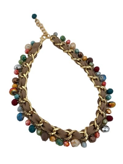 Renkli Boncuk Sallantılı İp Geçmeli Tasarım Zincir Kolye ( 51 Cm )