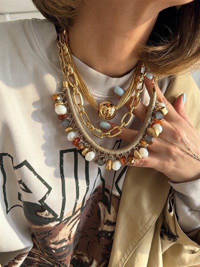 Renkli Boncuk Sallantılı Tasarım Zincir Kolye ( 54 Cm )