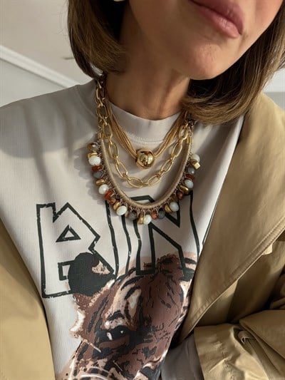 Renkli Boncuk Sallantılı Tasarım Zincir Kolye ( 54 Cm )