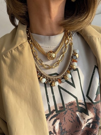 Renkli Boncuk Sallantılı Tasarım Zincir Kolye ( 54 Cm )