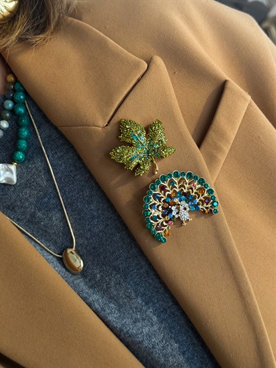 Renkli Taşlı Tavus Kuşu Broş Kombini