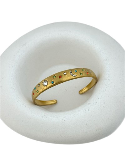 Renkli Zirkon Taşlı Otantik Çelik Kelepçe Bileklik