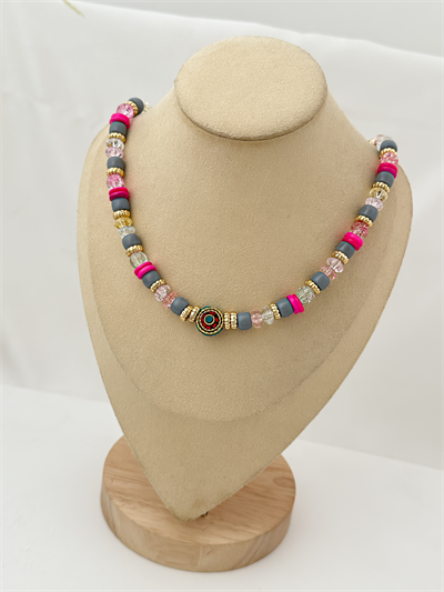 Sedef Taş Uç Gold Biye Detay Renkli Boncuk Sıralı Kolye (50 Cm)