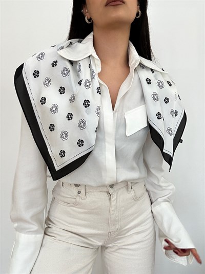 Siyah Beyaz Çiçek Desen Fular (70 * 70)