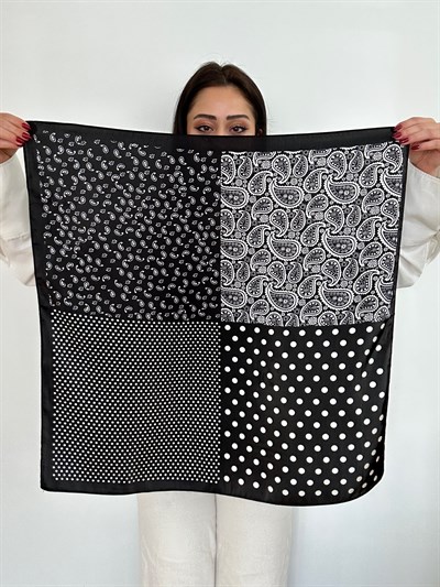 Siyah Beyaz Dörtlü Kare Desenli Fular (70 * 70)
