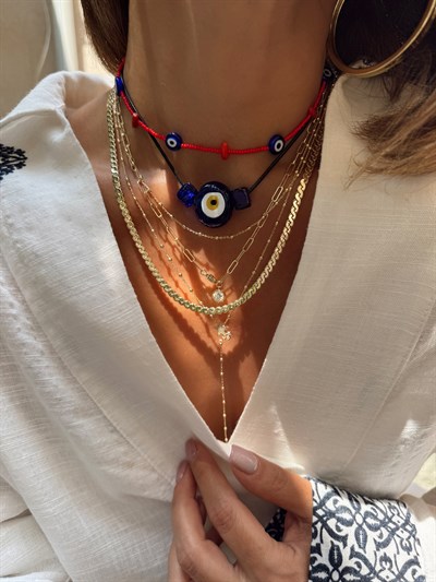 Siyah Deri İpte Nazar Cam Boncuk Asansörlü Choker Kolye Kombini