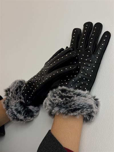 Siyah Deri Tüylü Zımba Detay Eldiven