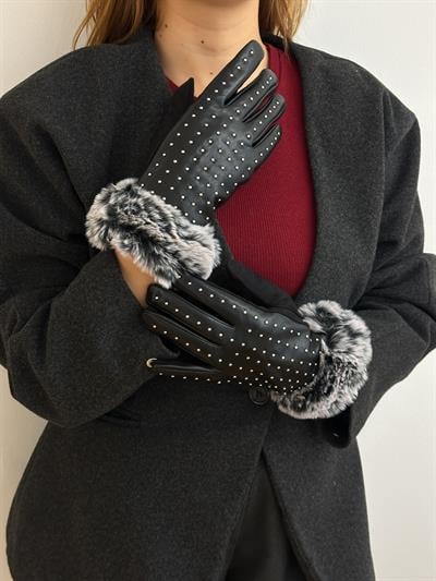 Siyah Deri Tüylü Zımba Detay Eldiven