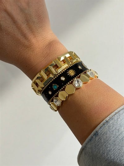 Siyah Mineli Zirkon ve Firuze Taşlı Çoklu Figür Otantik Çelik Kelepçe Bileklik Kombini
