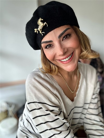 Siyah Peluş Fransız Model Ressam Bere Kombini