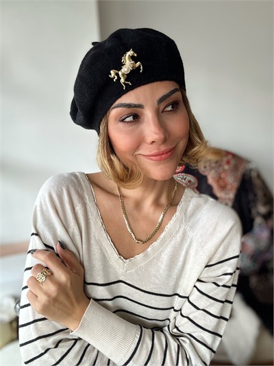 Siyah Peluş Fransız Model Ressam Bere Kombini