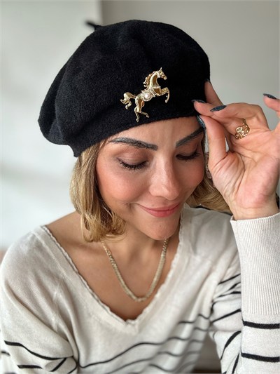 Siyah Peluş Fransız Model Ressam Bere Kombini