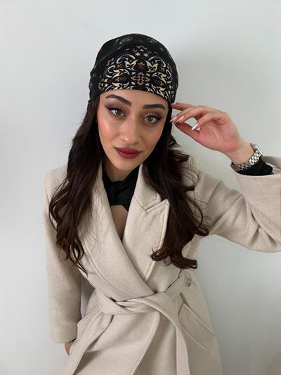 Siyah Renk Etnik Desenli Pamuklu Fular (70 x 70)