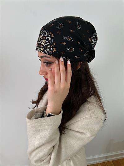 Siyah Renk Etnik Desenli Pamuklu Fular (70 x 70)