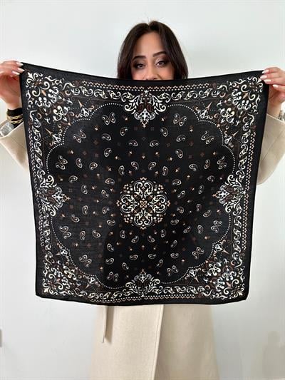 Siyah Renk Etnik Desenli Pamuklu Fular (70 x 70)