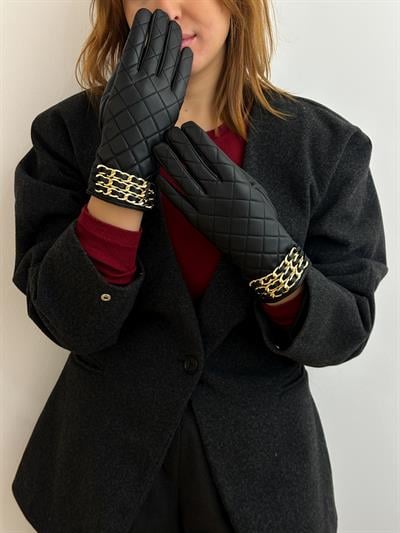 Siyah Zincir Detay Deri Eldiven