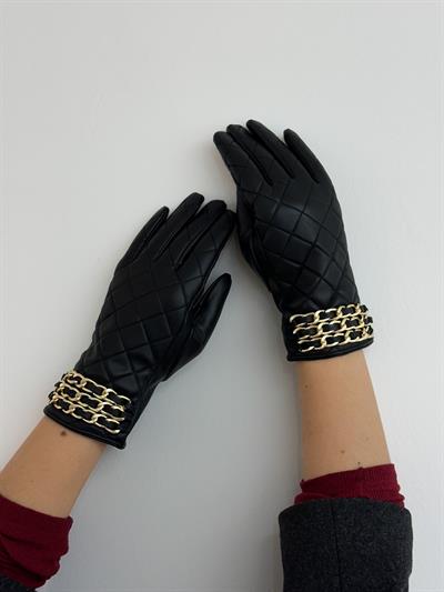 Siyah Zincir Detay Deri Eldiven