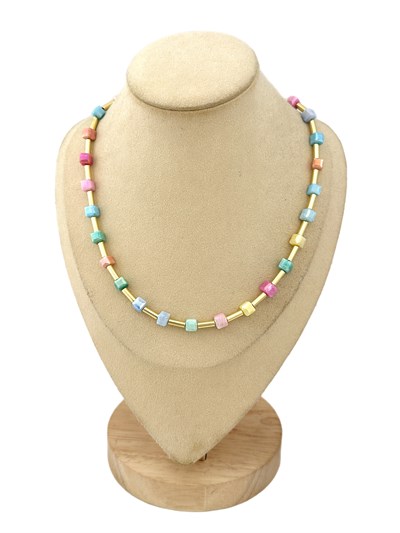Soft Renk Boncuk ve Gold Boru Plaka Model Kolye ( 49 Cm )