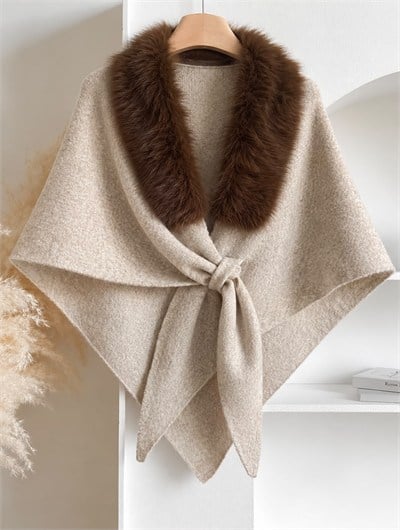 Sütlü Kahve Renk Kürklü İçten Geçmeli Şal