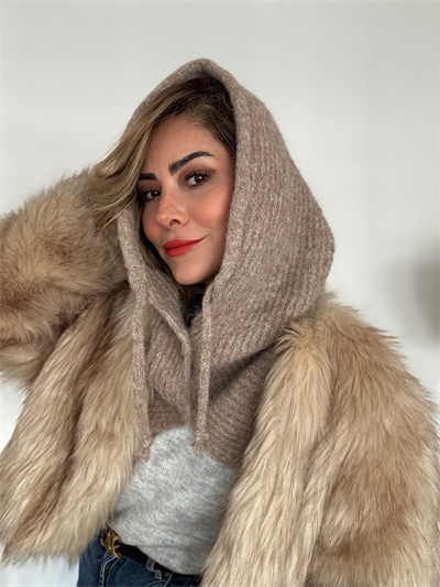 Sütlü Kahve Renk Yumuşak Dokulu Düğmeli Balaclava