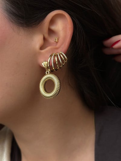 Tırtıklı Daire Plaka Sallantılı Küpe Kombini