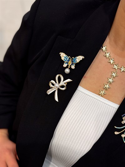 Top İnci Sallantılı Renkli Mineli Kelebek Broş Kombini