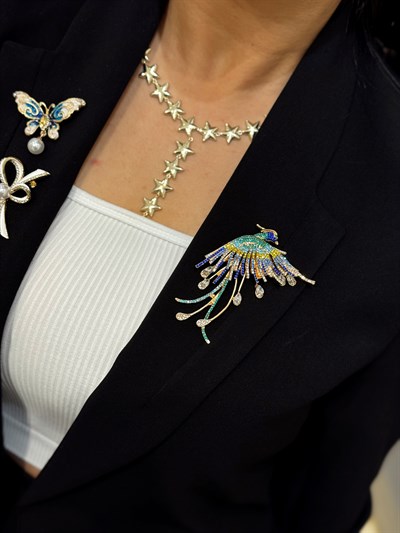 Top İnci Sallantılı Renkli Mineli Kelebek Broş Kombini