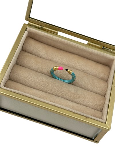 Turkuaz Kalem Gold Şerit Detay Önden Kapama Yüzük