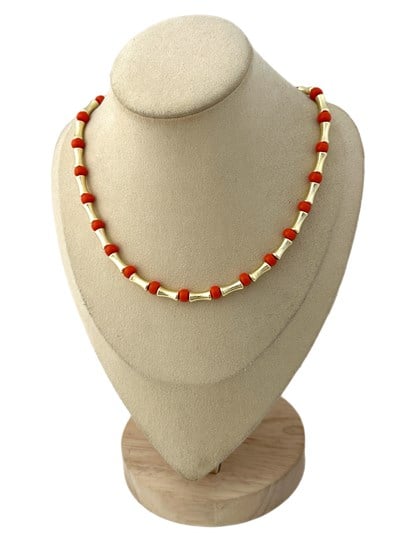 Turuncu Boncuk Detay Kemik Model Kolye (48 Cm)