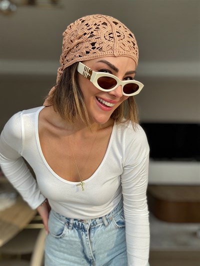 Üçgen Örme Dantelli Camel Pareo