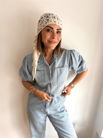 Üçgen Örme Dantelli Ekru Pareo