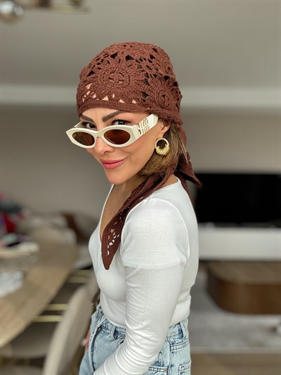 Üçgen Örme Dantelli Kahve Pareo