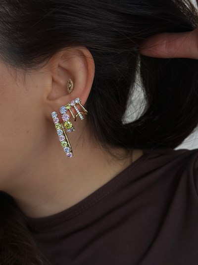 Üçlü Görünüm Soft Renkli Taşlı Kıvrımlı Küpe Kombini