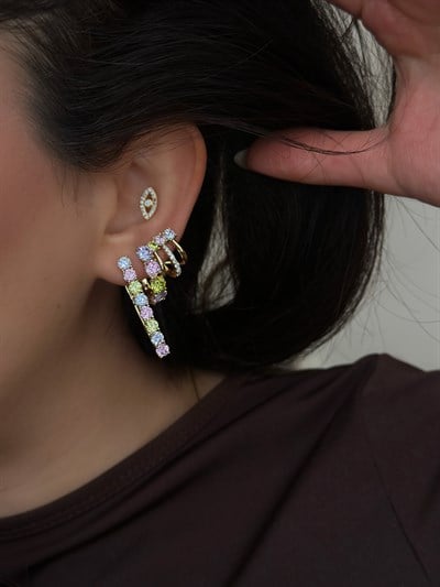 Üçlü Görünüm Soft Renkli Taşlı Kıvrımlı Küpe Kombini