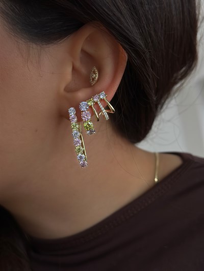 Üçlü Görünüm Soft Renkli Taşlı Kıvrımlı Küpe Kombini