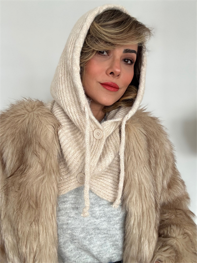 Vizon Renk Yumuşak Dokulu Düğmeli Balaclava